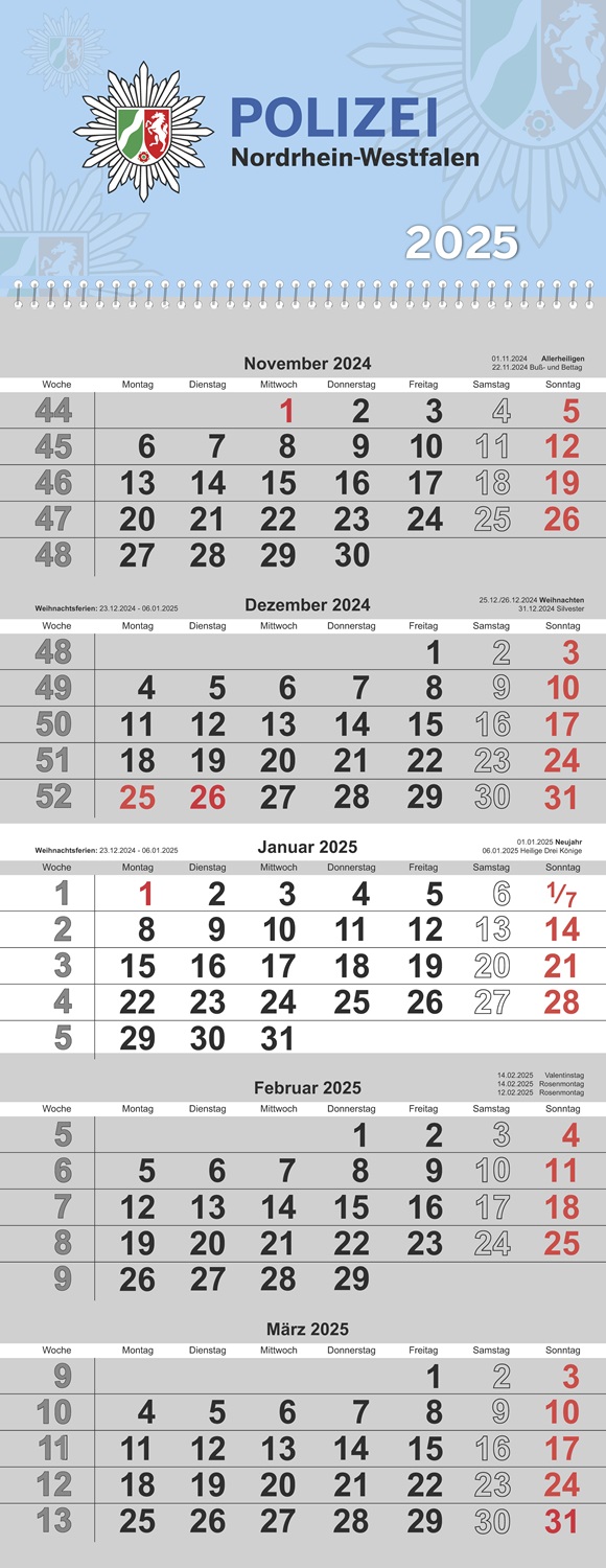 www.knastladen.de  Polizei NRW Hängekalender mit 5-monatiger Ansicht 2025